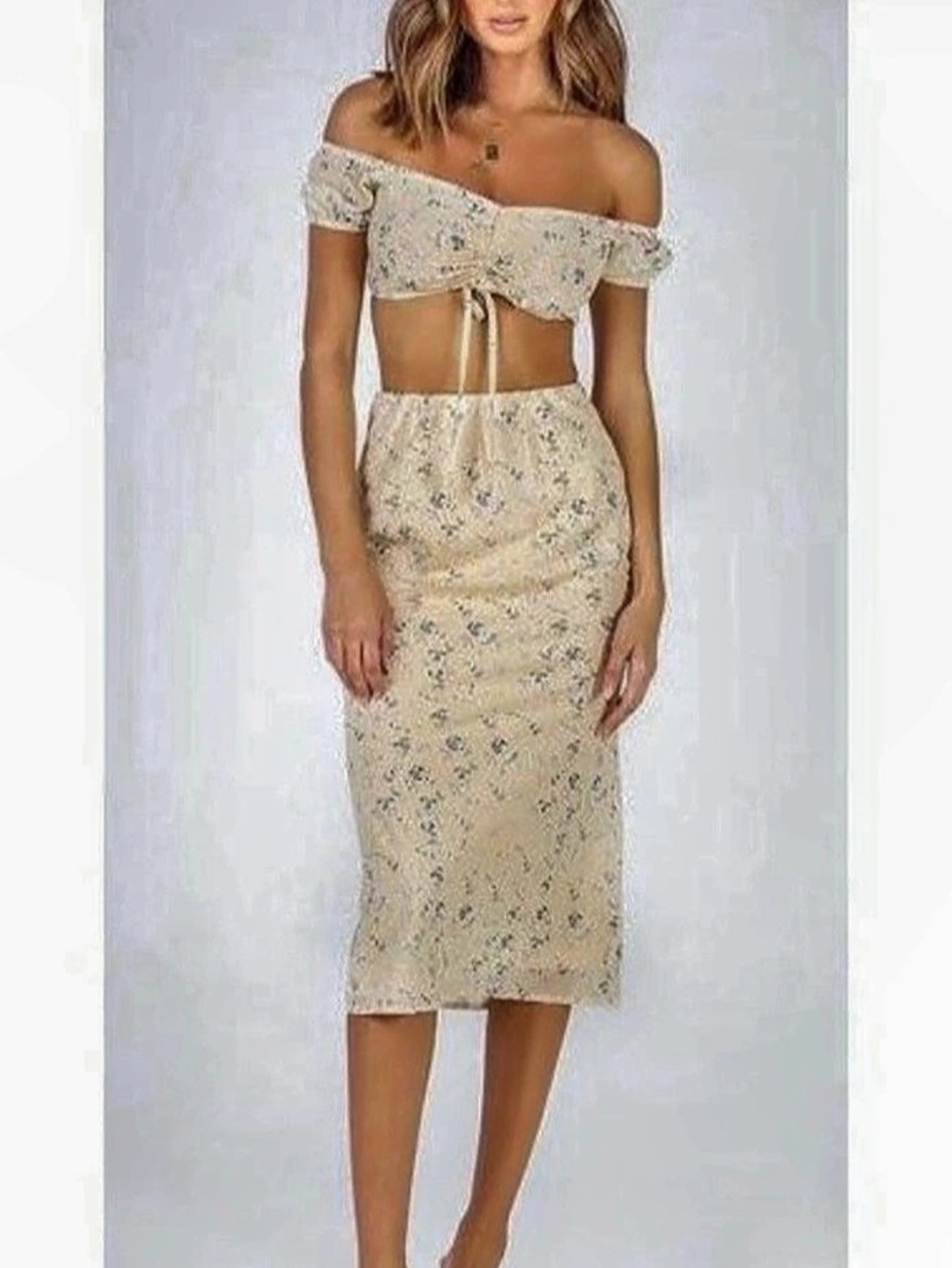 Princess Polly Floral Crop Top and Midi Skirt Set Yellow & Blue Size 4